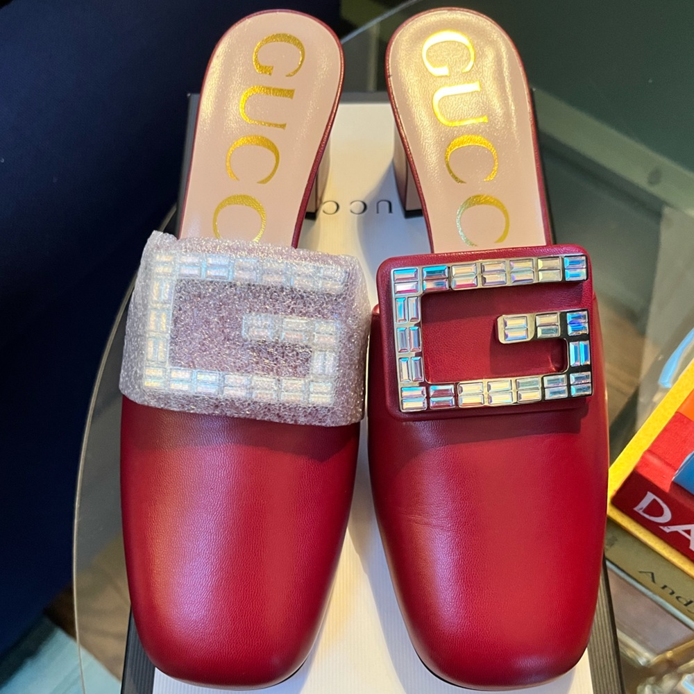 Gucci red leather G crystal mules/slides with 2” heel - size 39 - never worn!